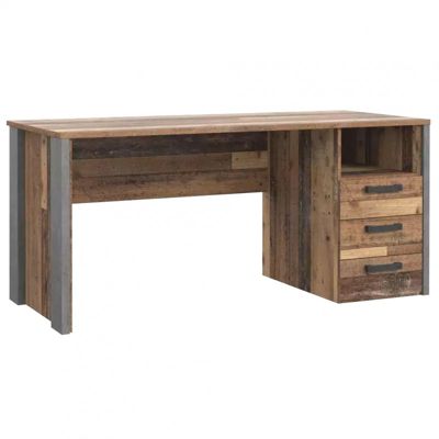 Bureau droit 160 cm 3 tiroirs décor bois vieilli et béton gris - BUCK