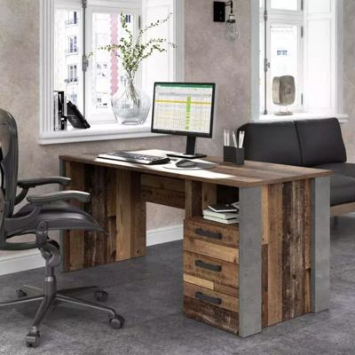 Bureau droit 160 cm 3 tiroirs décor bois vieilli et béton gris - BUCK