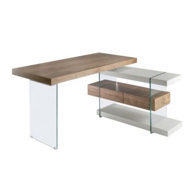 Bureau en bois gris et verre trempé avec plateau en noyer