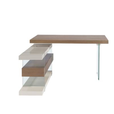 Bureau en bois gris et verre trempé avec plateau en noyer