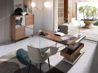 Bureau en bois gris et verre trempé avec plateau en noyer