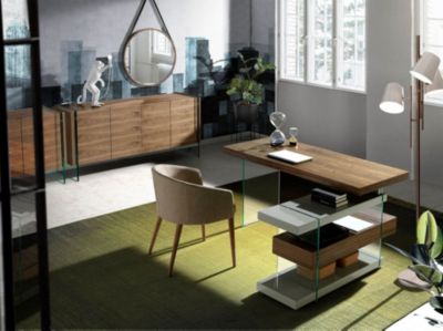 Bureau en bois gris et verre trempé avec plateau en noyer