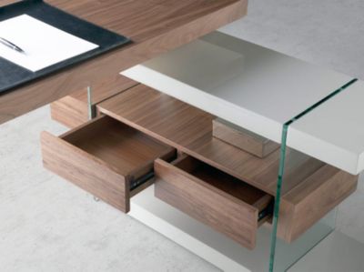Bureau en bois gris et verre trempé avec plateau en noyer