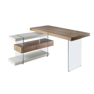 Bureau en bois gris et verre trempé avec plateau en noyer