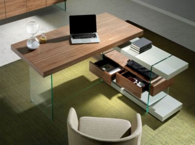 Bureau en bois gris et verre trempe avec plateau en noyer 3003 - 140x127x75 cm