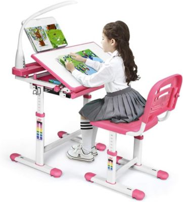 Bureau Enfant avec Chaise Hauteurs Réglables Lampe de Direction Ajustable