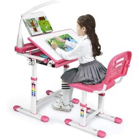 Bureau Enfant avec Chaise Hauteurs Réglables Lampe de Direction Ajustable