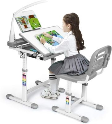 Bureau Enfant avec Chaise Hauteurs Reglables Angle de Bureau Reglable Lampe de Direction Ajustable Support de Livres Gris