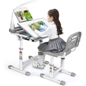 Bureau Enfant avec Chaise Hauteurs Reglables Angle de Bureau Reglable Lampe de Direction Ajustable Support de Livres Gris