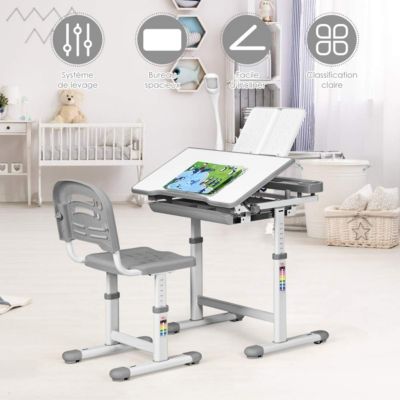 Bureau Enfant avec Chaise Hauteurs Reglables Angle de Bureau Reglable Lampe de Direction Ajustable Support de Livres Gris