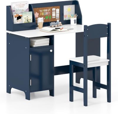 Bureau Enfant avec Chaise, Table d'Étude avec Tableau Blanc et Marqueur, Étagère, Armoire, Bleu
