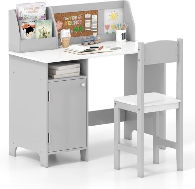 Bureau Enfant avec Chaise, Table d'Étude avec Tableau Blanc et Marqueur, Étagère, Armoire, Gris