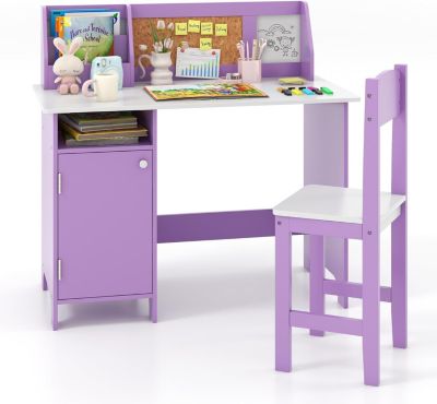 Bureau Enfant avec Chaise, Table d'Étude avec Tableau Blanc et Marqueur, Étagère, Armoire, Violet