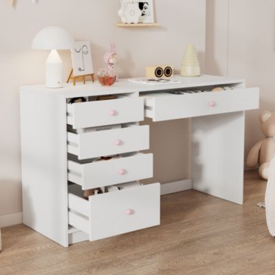 Bureau Enfant - Bureau Ado avec 5 Tiroirs et Rangement, Coiffeuse Bureau MDF, Blanc, 120x45x74 cm