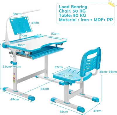 Bureau Enfant Ensemble Table et Chaise pour Enfants avec Lampe Plaque de Table Inclinable Hauteur Angle Réglables Bleu