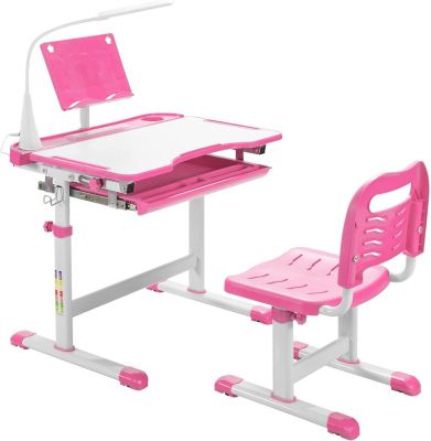 Bureau Enfant Ensemble Table et Chaise pour Enfants avec Lampe Plaque de Table Inclinable Hauteur Angle Réglables Rose