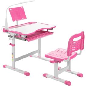 Bureau Enfant Ensemble Table et Chaise pour Enfants avec Lampe Plaque de Table Inclinable Hauteur Angle Réglables Rose