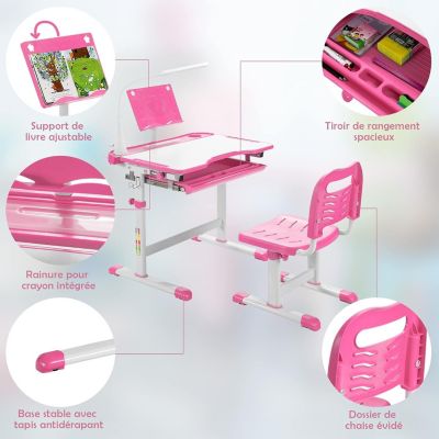 Bureau Enfant Ensemble Table et Chaise pour Enfants avec Lampe Plaque de Table Inclinable Hauteur Angle Réglables Rose