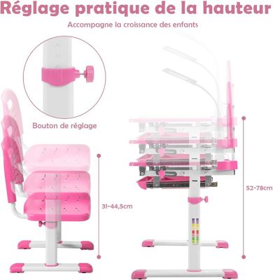 Bureau Enfant Ensemble Table et Chaise pour Enfants avec Lampe Plaque de Table Inclinable Hauteur Angle Réglables Rose