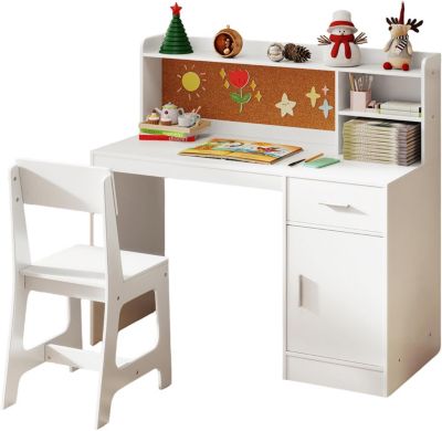 Bureau Enfant Garçon Fille avec Chaise, Bureau avec Rangement Étagère Tiroir Armoire, Panneau en Liège, Blanc
