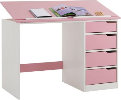 Bureau enfant scandinave en pin massif avec plateau inclinable et 4 tiroirs blanc et rose