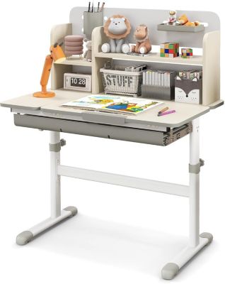 Bureau Enfant Table Étude Réglable en Hauteur avec Rangement Plateau Inclinable à 7 Niveaux Tiroir Support à Livre
