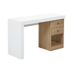 Bureau extensible 2 tiroirs et 1 niche - Coloris : Blanc et naturel - EVAN