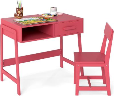Bureau Fille Garçon 3+ Ans, Table Enfant avec Chaise Ergonomique, Table d'Étude en Bois avec Tiroir, Bureau Enfant avec Rangment