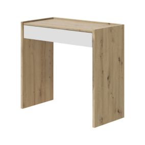 Bureau Fresno, Bureau linéaire avec tiroir, Table d'étude ou de bureau pour PC, 82x40h77 cm, Chêne noué et Blanc