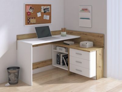 Bureau Hudson, Pupitre polyvalent, Table de bureau pour PC, Plan de travail, 130x112h82 cm, Blanc et nœuds de chêne clair