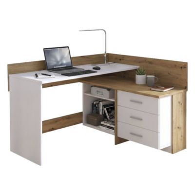 Bureau Hudson, Pupitre polyvalent, Table de bureau pour PC, Plan de travail, 130x112h82 cm, Blanc et nuds de chêne clair
