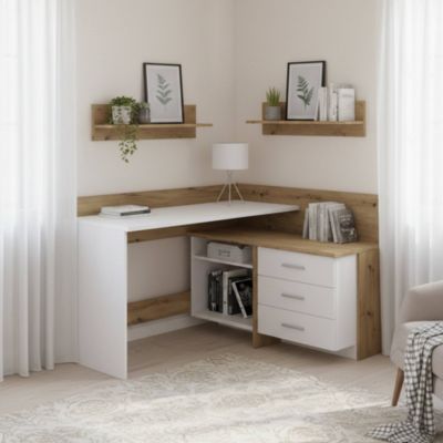 Bureau Hudson, Pupitre polyvalent, Table de bureau pour PC, Plan de travail, 130x112h82 cm, Blanc et nuds de chêne clair