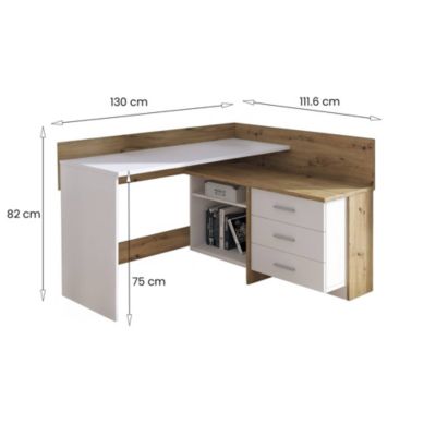 Bureau Hudson, Pupitre polyvalent, Table de bureau pour PC, Plan de travail, 130x112h82 cm, Blanc et nuds de chêne clair