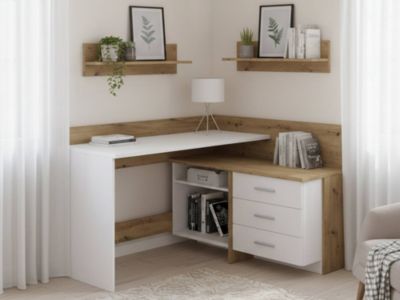 Bureau Hudson, Pupitre polyvalent, Table de bureau pour PC, Plan de travail, 130x112h82 cm, Blanc et nuds de chêne clair
