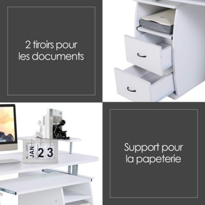 Bureau Informatique Table ordinateur avec Tablette Imprimante Table ordinateur avec de Nombreux rangements Blanc