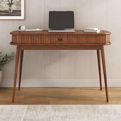 Bureau JARI avec porte coulissante, en bois massif - Coloris châtaignier