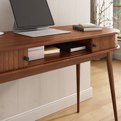 Bureau JARI avec porte coulissante, en bois massif - Coloris châtaignier