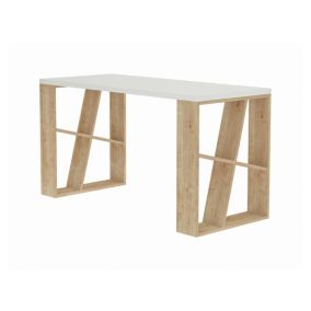 Bureau Keid, Pupitre polyvalent, Table de bureau pour PC, Plan de travail, 140x60h75 cm, Blanc et chêne