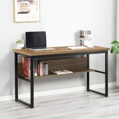 Bureau Nausicaa, Bureau linéaire, Bureau polyvalent, Bureau fixe peu encombrant, 55x139h74 cm, Noir et Chêne