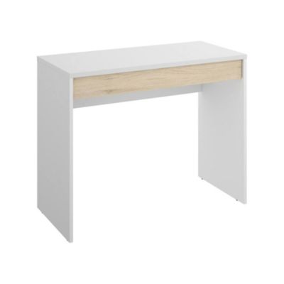 Bureau perforé, Bureau polyvalent peu encombrant, Table d'étude linéaire avec 1 tiroir, 90x50h74 cm, Blanc et Chêne