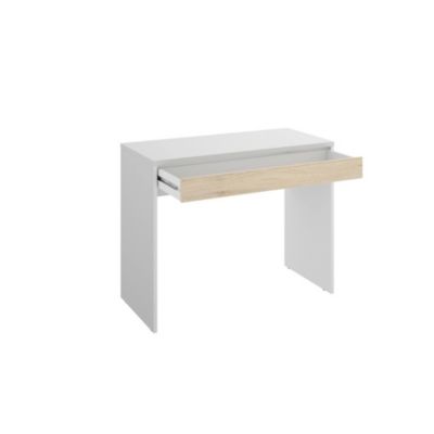 Bureau perforé, Bureau polyvalent peu encombrant, Table d'étude linéaire avec 1 tiroir, 90x50h74 cm, Blanc et Chêne