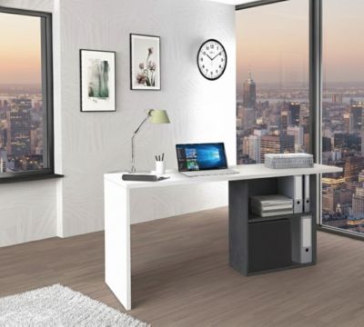 Bureau Raimondo, Bureau PC Linéaire, Table de bureau polyvalente, Bureau peu encombrant, 110x50h75 cm, Blanc brillant et ardoise