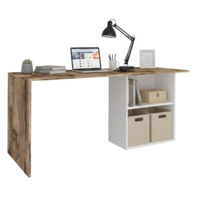 Bureau Raimondo, Bureau PC linéaire, Table de bureau polyvalente, Bureau peu encombrant, 110x50h75 cm, Blanc brillant et érable