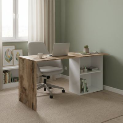 Bureau Raimondo, Bureau PC linéaire, Table de bureau polyvalente, Bureau peu encombrant, 110x50h75 cm, Blanc brillant et érable
