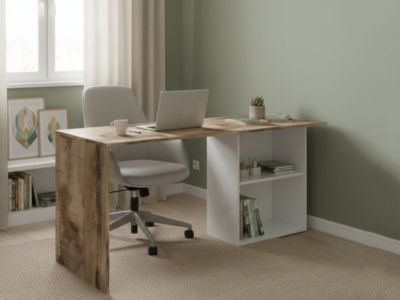 Bureau Raimondo, Bureau PC linéaire, Table de bureau polyvalente, Bureau peu encombrant, 110x50h75 cm, Blanc brillant et érable