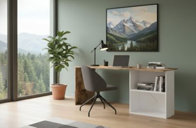 Bureau Raimondo, Bureau PC linéaire, Table de bureau polyvalente, Bureau peu encombrant, 110x50h75 cm, Blanc brillant et érable