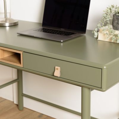 Bureau vert 2 tiroirs et 1 niche en bois naturel