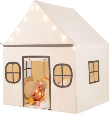 Cabane Enfant Interieure,10 Étoiles Lumineuses et Tapis,Porte Enroulable,Fenêtres,Poches de Rangement,pour 3+Ans (Beige)