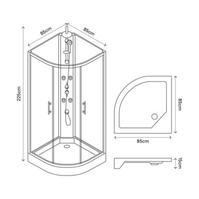 Cabine de douche 1/4 de cercle l.85 x L.85 x H.225 cm – hydromassante, blanc, montage rapide, GoodHome Onega