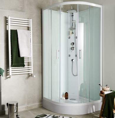 Cabine de douche 1/4 de cercle l.85 x L.85 x H.225 cm – hydromassante, blanc, montage rapide, GoodHome Onega